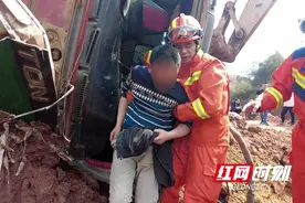 龙山：挖机侧翻驾驶员被困 消防员成功救援图片