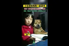 小女孩和狗狗一起读书，狗狗一脸生无可恋，眼睛眯成一条线图片