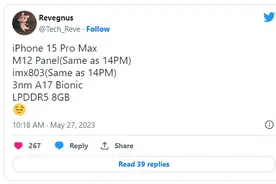 iPhone 15 Pro Max参数曝光 14PM同款镜头配3nm芯片图片