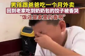 男孩跟爸爸吃一个月外卖，回到老家吃到奶奶包的饺子被香哭，“饭还是家里的香啊”图片