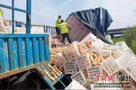 大货车转弯过急 万斤鲜桃撒落宜城高速图片