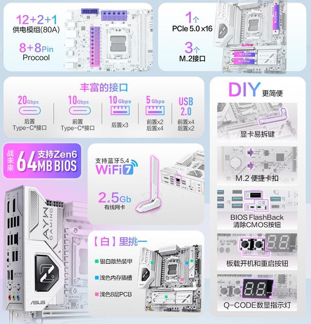 华硕白色超频主板 B850M AYW GAMING OC WIFI7 W 预售，1349 元