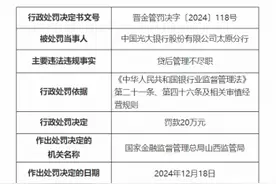 中国光大银行太原分行被罚20万元：贷后管理不尽职图片