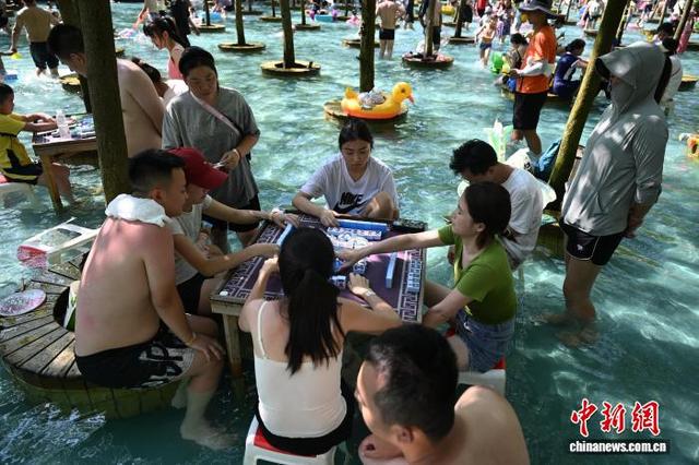 成都高温天气持续 游客打水上麻将享清凉