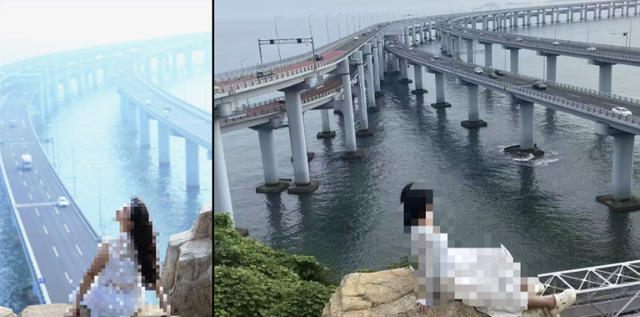 大连一跨海大桥观景台有游客翻栏杆踩空心造景石拍照，当地回应：很难完全阻止