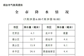 29日6时至18时，烟台最大降水在牟平大窑镇，为53.8毫米图片