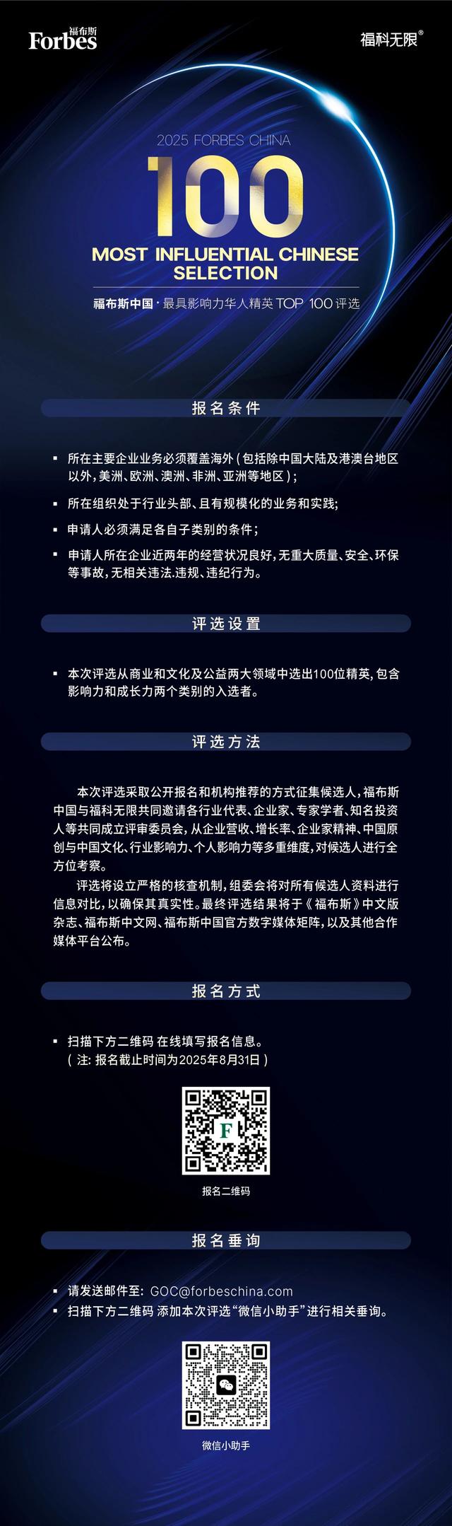 活动 | 【五周年】2025福布斯中国最具影响力华人精英TOP 100评选正在申报中