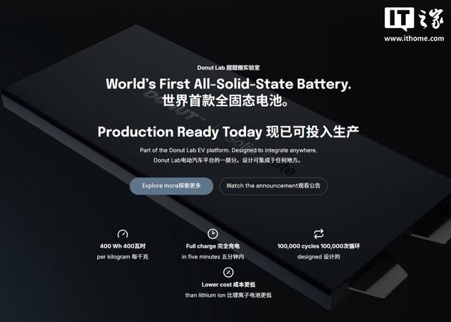 全球首款可量产全固态电池问世：能量密度400Wh/kg	，5分钟充满电