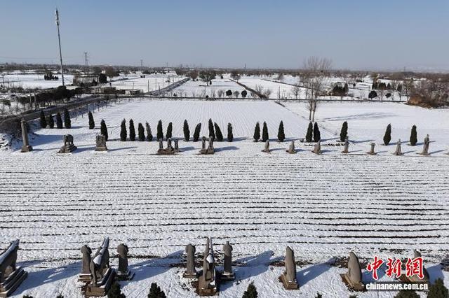 河南巩义宋陵冬景上新 小麦、初雪、石像生同框