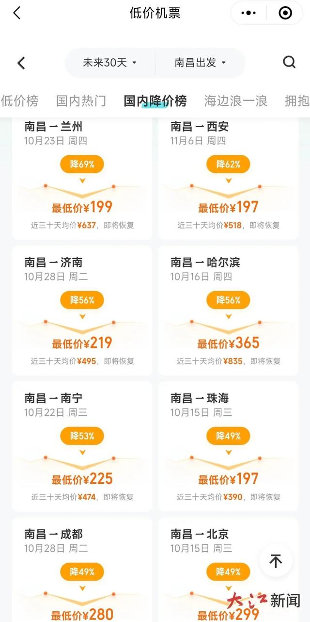 南昌前往多地机票价格“大跳水”