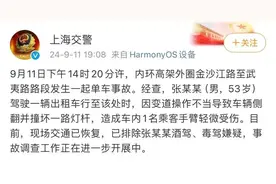 上海内环高架一出租车侧翻，路灯杆都被撞弯，乘客手臂受伤……官方通报→图片