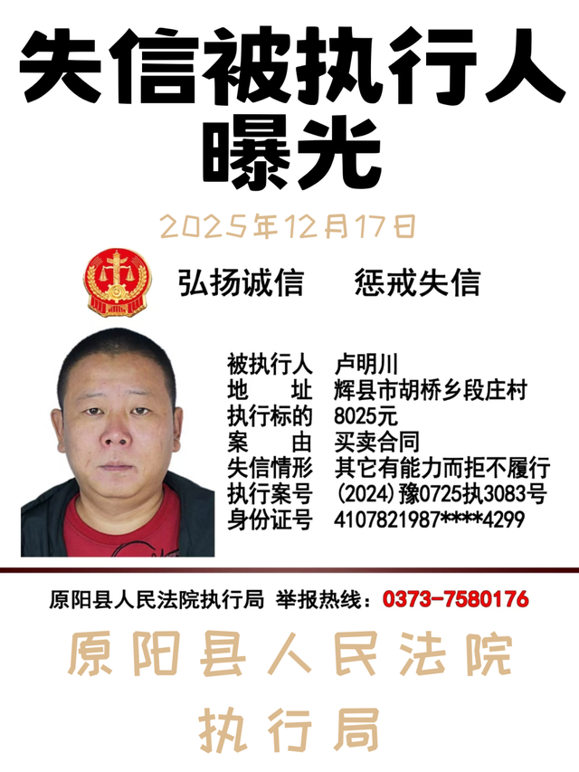 12月17日这8人被原阳法院实名曝光！