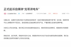 比亚迪正式起诉自媒体“龙哥讲电车”，称对方长期造谣诋毁图片