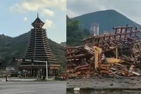 贵州凯里市遇强对流天气，暴风雨中一座木制侗族鼓楼倒塌图片