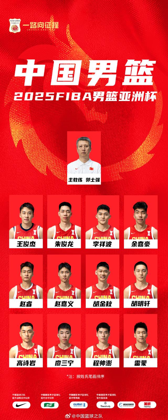 中国男篮2025亚洲杯参赛名单确定