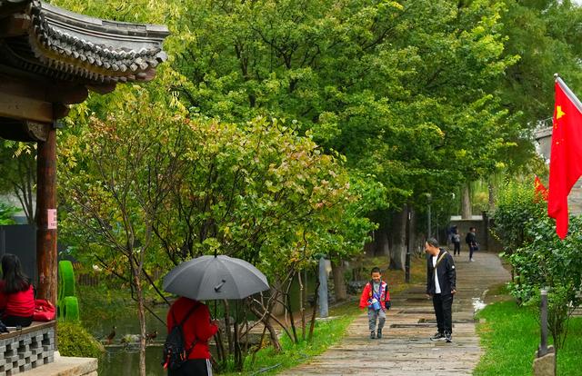 寒露雨润三里河，游客雨中赏秋意