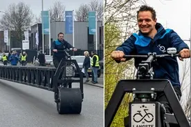 荷兰八位自行车爱好者造出55米长自行车 破吉尼斯世界纪录图片