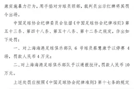上海海港球员蔡慧康手掐山东泰山球员颈部，被停赛4场罚款4万图片