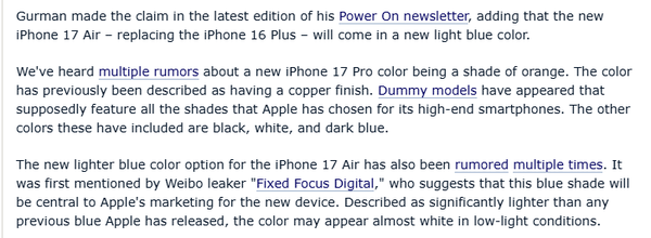 iPhone 17两款新配色曝光：Pro将推橙色 Air或配浅蓝