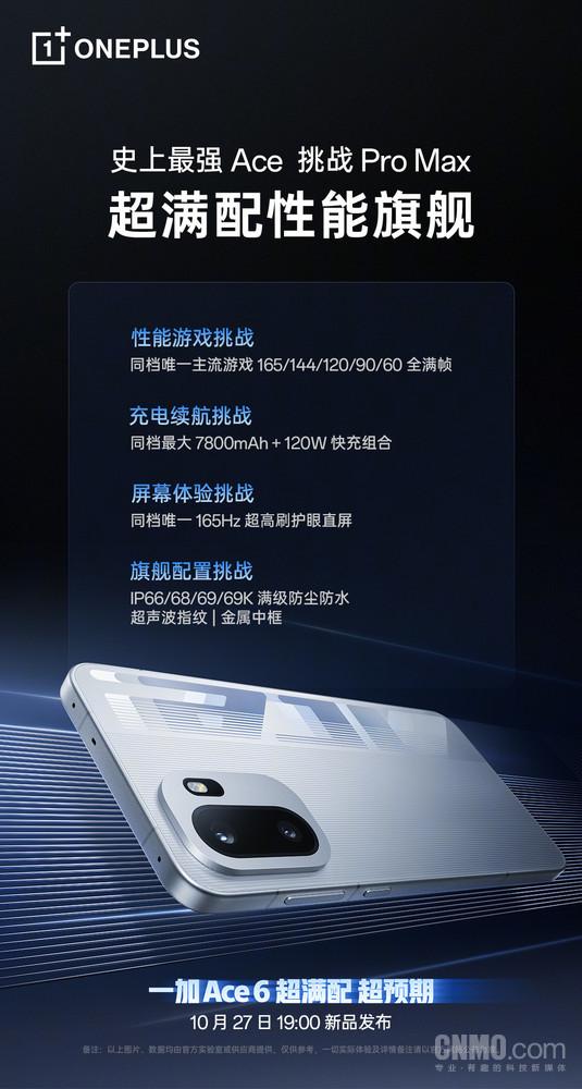 一加Ace 6配置公布：165Hz超高刷直屏+7800mAh电池