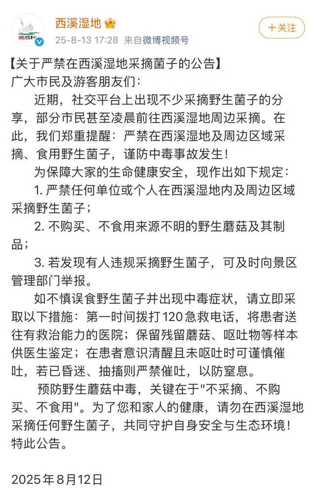 “深夜采菌人”涌去西溪湿地，景区多平台发出公告：严禁采摘