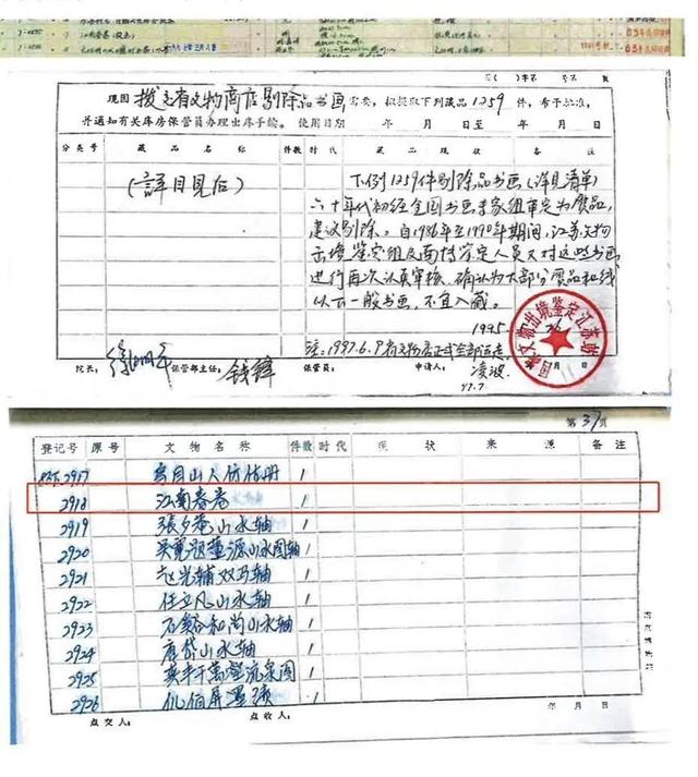 南博出示专家鉴定记录;被认定为赝品的《江南春》图卷拨交给原江苏省文物总店,“顾客”6800元购买,销售清单明示为《仿仇英山水卷》