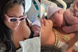 蕾哈娜晒产子照引发关注：我戴着珍珠和墨镜生的图片