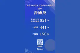 山东2025年夏季高考分数线公布：普通类一段线441分，二段线150分图片