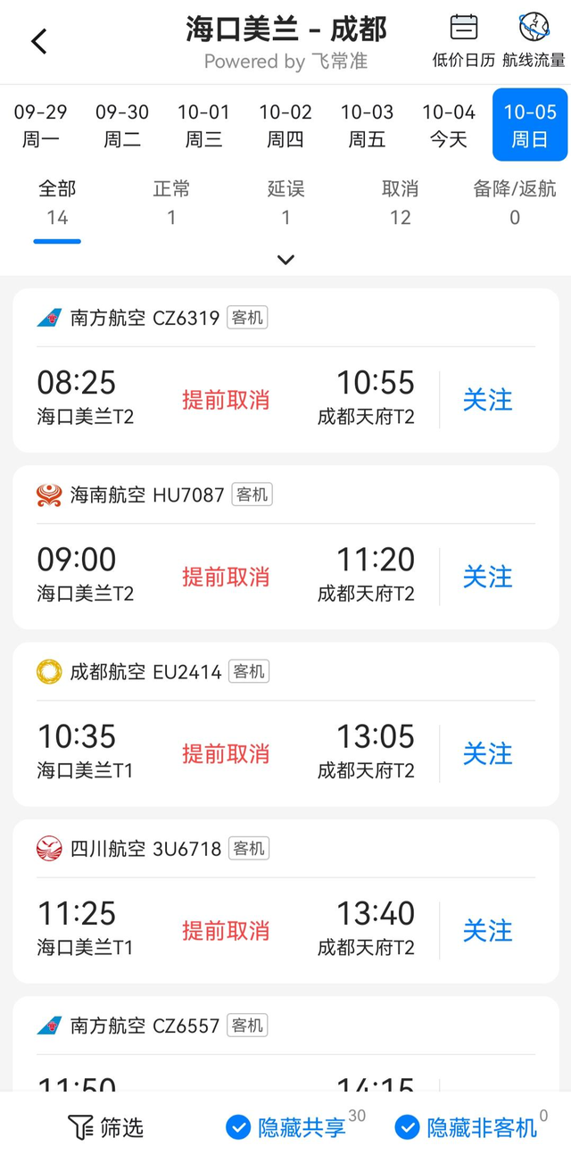 受台风“麦德姆”影响，5日成都至海口航班近乎全部取消