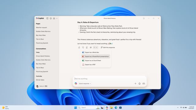 Win11 版 Copilot 更新：接入谷歌日历，对话可导出至 Word