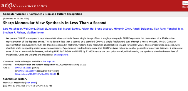 苹果开源新模型！一秒钟让照片变3D世界