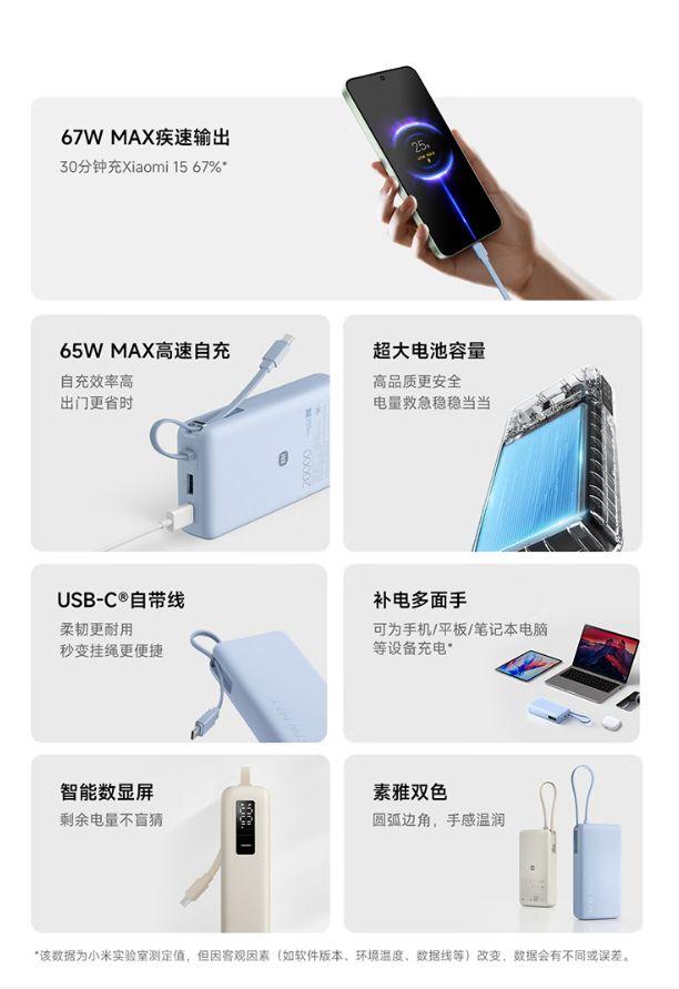 小米自带线充电宝 20000 67W 开售