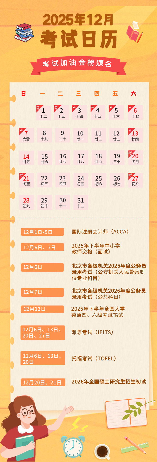 12月考试日历来了