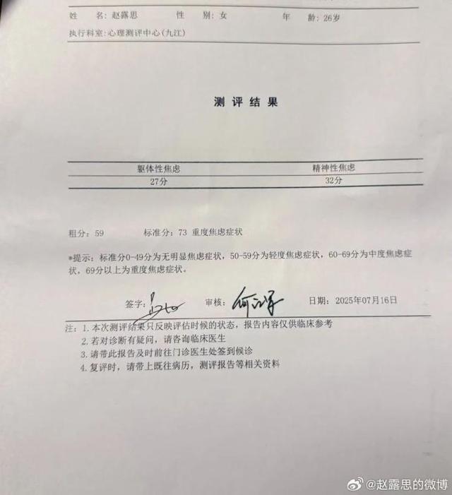 赵露思晒重度焦虑和抑郁测评报告