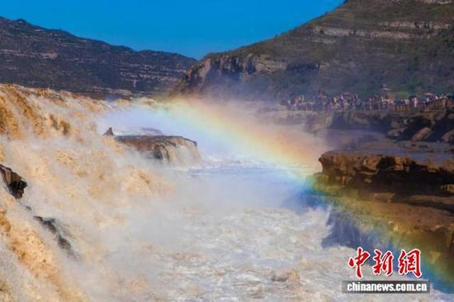 山西壶口展冬日画卷，现“青流飞瀑悬彩练”奇观