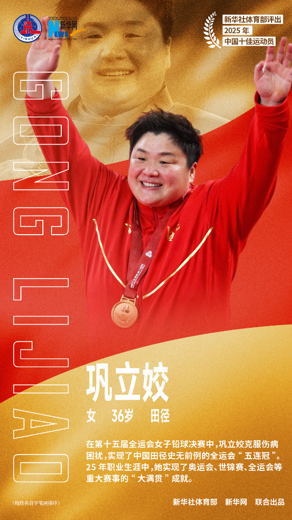 新华社评2025年中国十佳运动员：石宇奇、巩立姣、刘焕华	、孙颖莎、陈芋汐、苏翊鸣	、邹敬园、胡凯、覃海洋	、蒋裕燕