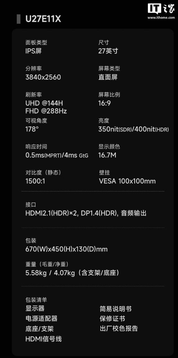 1499元：AOC推出27英寸U27E11X显示器，4K 144Hz/1080P 288Hz双模