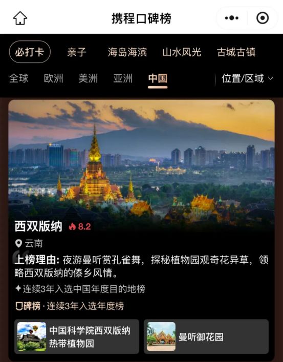 西双版纳上榜多个携程口碑榜2026年度榜单！