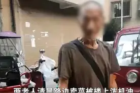 两老人清晨路边卖菜被楼上泼机油，警方已查出肇事者。视频封面