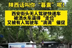 西安街头无人驾驶快递车被洒水车逼得“走位”又被其他车“滴滴”催促：陕西话叫你“暮囊”呢！视频封面