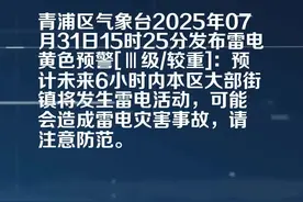 青浦区气象台发布雷电黄色预警[Ⅲ级/较重]