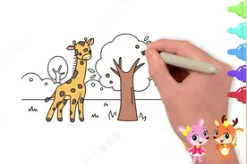 一幅关于春天的风景画，长颈鹿漫步在森林中，卡通动物简笔画视频封面