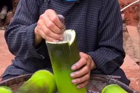 奶奶想吃竹筒饭，鲜嫩的竹子装上米饭煮上一个小时，这样吃太爽了