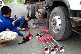 三菱卡车改装8个气动喇叭，听听效果怎么样视频封面