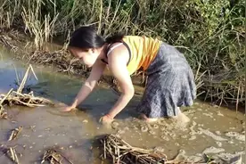 阳光午后，乡下姑娘去水田里抓鱼，动作特别敏捷视频封面