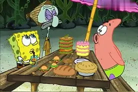 海绵宝宝：天降美食，海绵宝宝和派大星吃大餐了，章鱼哥饿惨了
