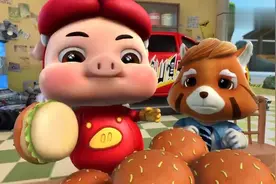 猪猪侠太能吃了，一大盘汉堡全吃完了，肚子涨的都站不起来了！