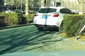 男子开车左转欲上机动车道 大妈骑电瓶车避让不及冲上绿化带 网友：大妈是懂自我保护的图片