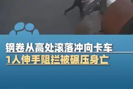 钢卷从高处滚落冲向卡车 车上1人向前阻拦1人反方向逃跑 伸手阻拦者被碾过全身 不幸身亡图片